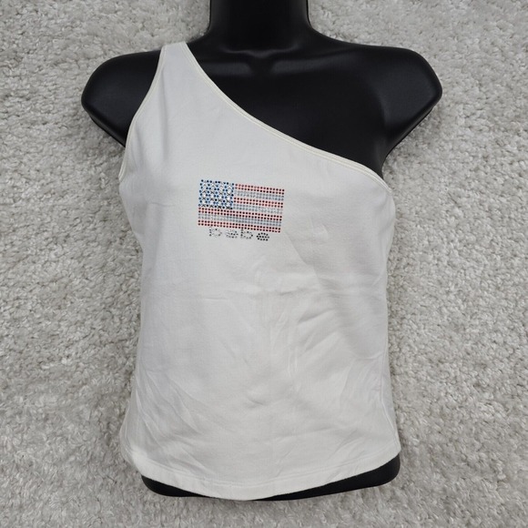 Bebe Top Women Large Off‎ White One Shoulder Flag Rhinestone Y2K Stretch - Picture 1 of 10